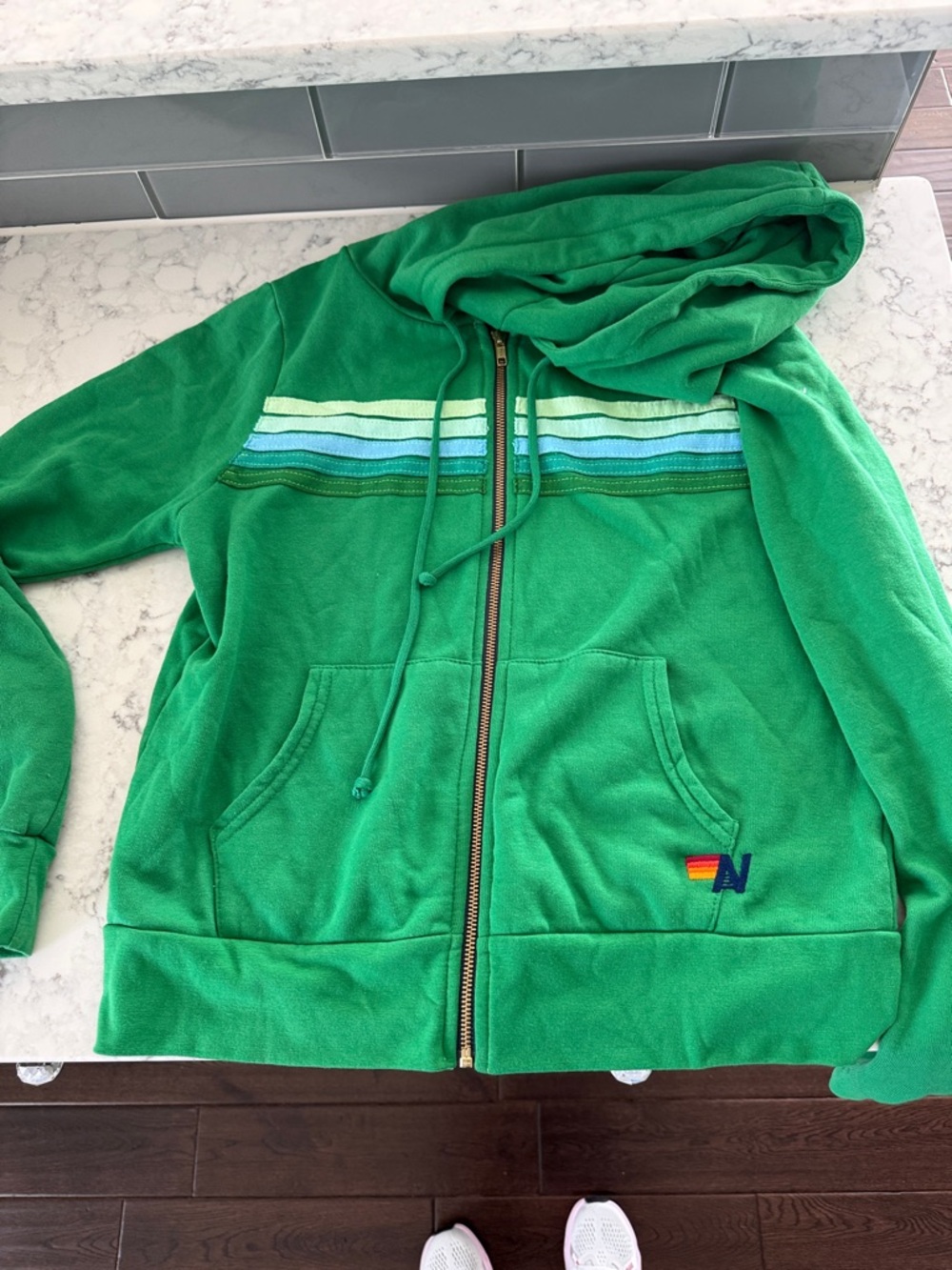 Womens Green Hooded aviator nation Zip Jacket with Stripe Detail